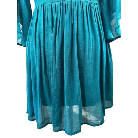 NWT Umgee Floral Embroidered Bell Sleeve Mini Dress Blue Boho Festival Medium - Picture 12 of 16